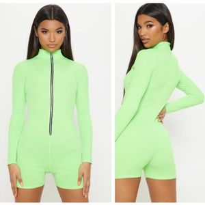 NWT PrettyLittleThing Neon Lime Zip Unitard